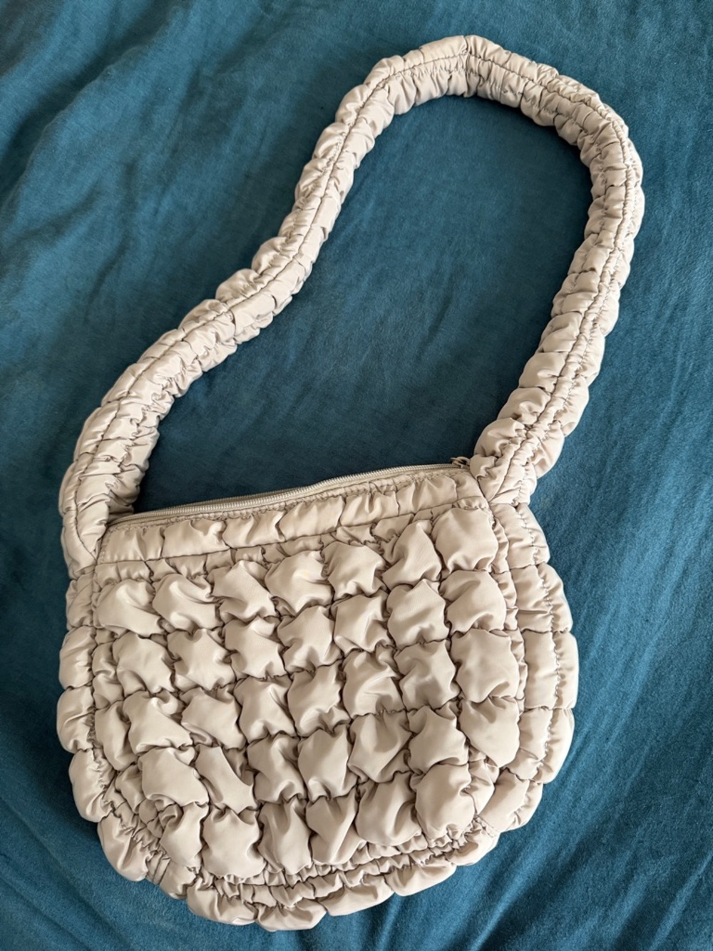 Cream Quilted Crossbody Bag with Ruched Strap